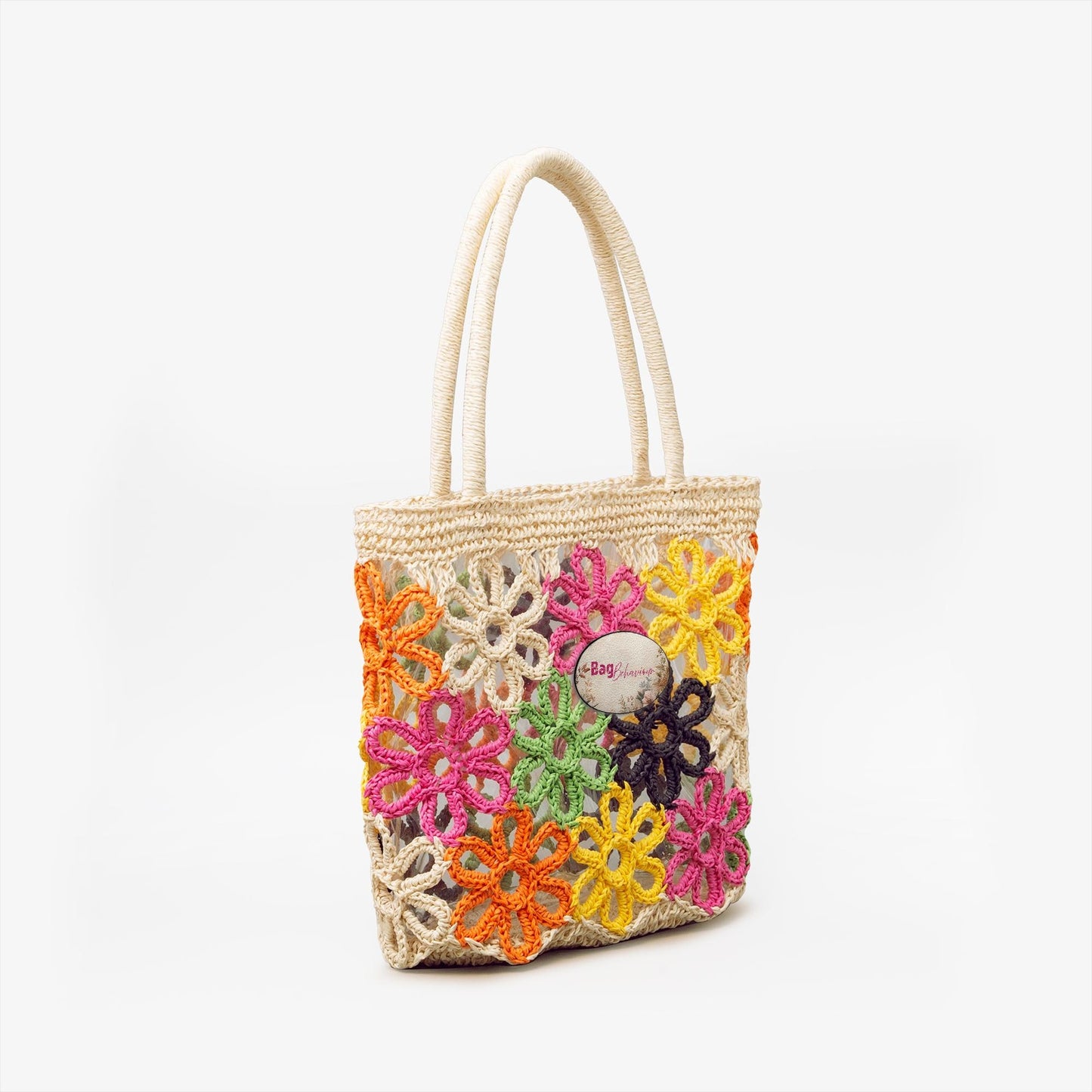 Colorful Crochet Flower Straw Bag – Boho 70s Retro Beach Summer Tote