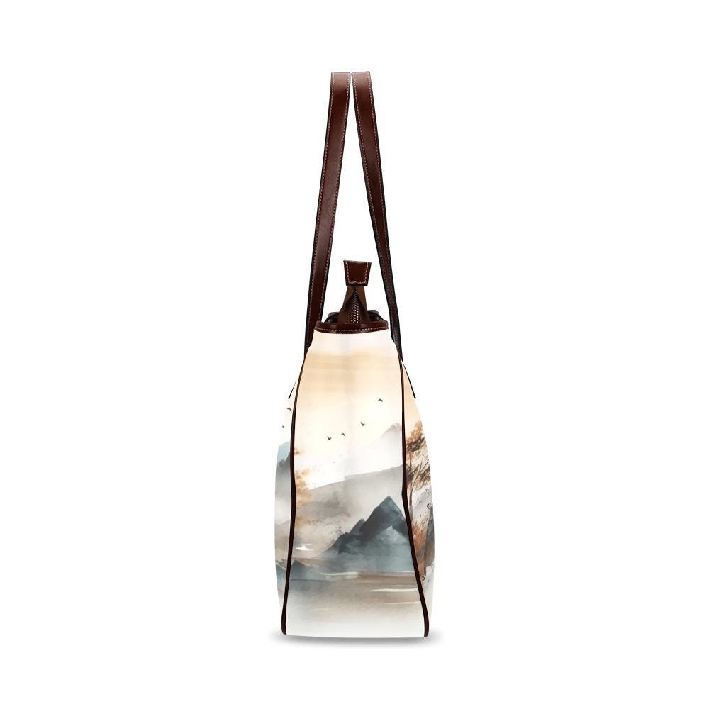 Japanese Watercolor Mountains Tote Bag – Large Asian Art Style Handbag