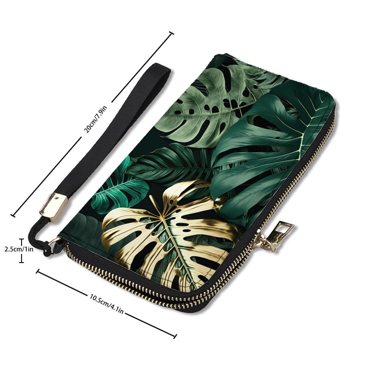 Retro Monstera Leaf Clutch Wallet – Gold Green Botanical Women’s Purse