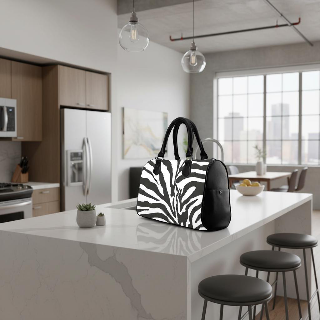 Zebra Print Barrel Handbag – Black White Everyday Purse