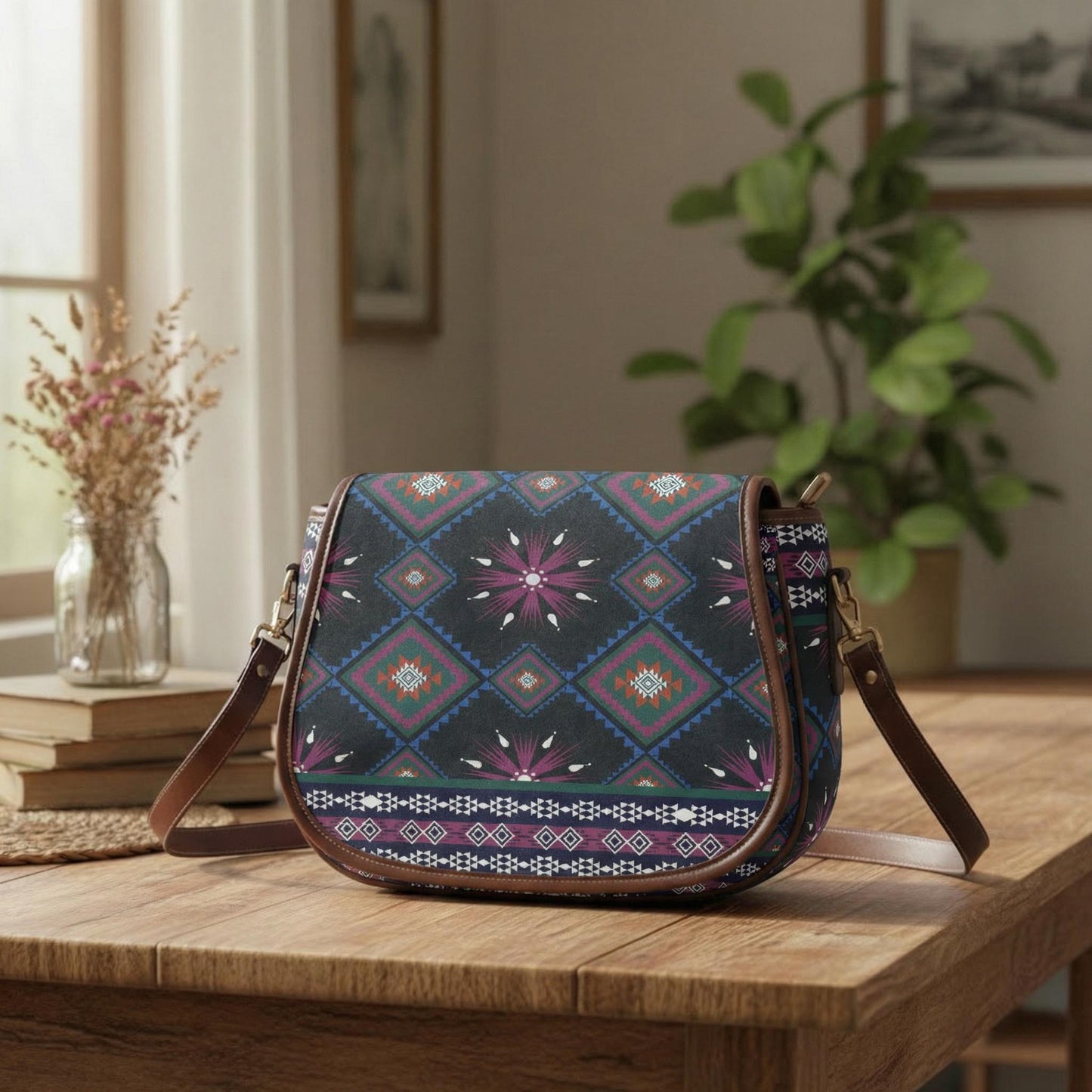 Boho Tribal Ikat Saddle Handbag – Dark Ethnic Modern Heritage Bag