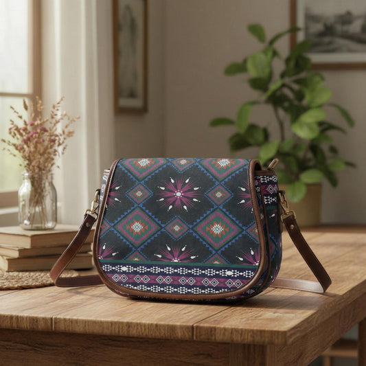 Boho Tribal Ikat Saddle Handbag – Dark Ethnic Modern Heritage Bag