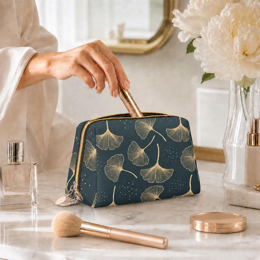 Luxury Black Gold Ginkgo Leaf Makeup Bag – Faux-Leather Travel Cosmetics Case