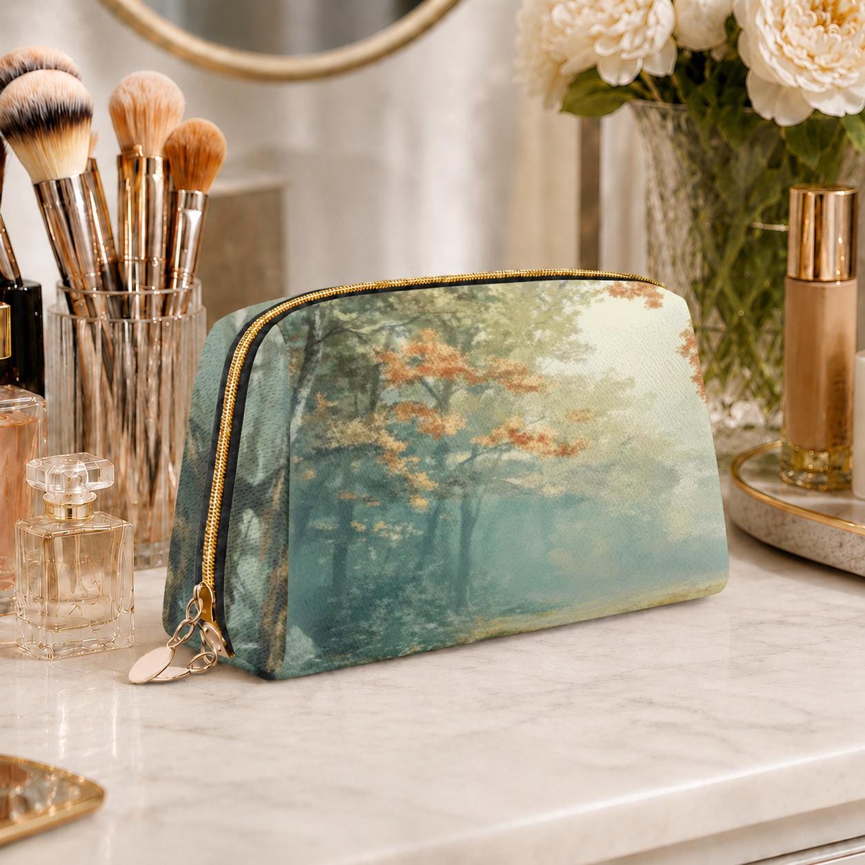Vintage Autumn Forest Oil Painting Makeup Bag – Moody Faux Leather Travel Cosmetics Case