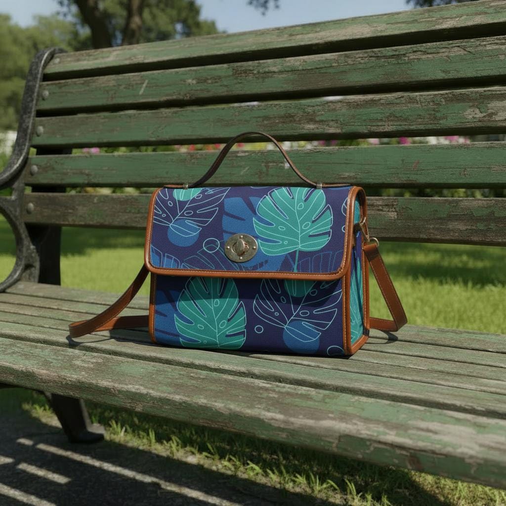 Retro Monstera Botanical Canvas Crossbody Bag – Blue Brown Vintage Style