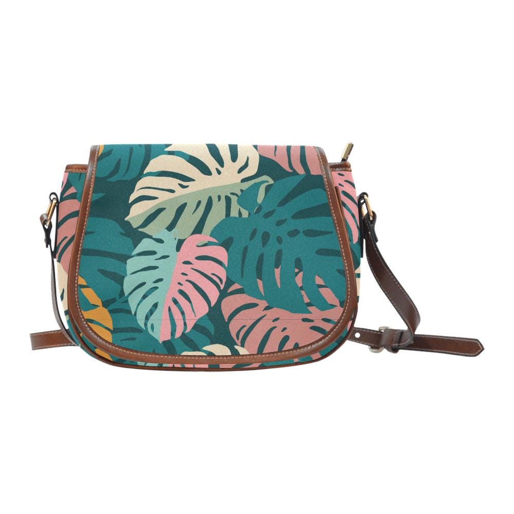 Retro 60s Monstera Pattern Saddle Bag - Midcentury Botanical Crossbody Handbag