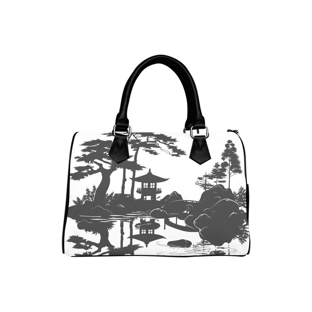 Asian Ink Pagoda Barrel Handbag – Black White Zen Art Wabisabi Purse