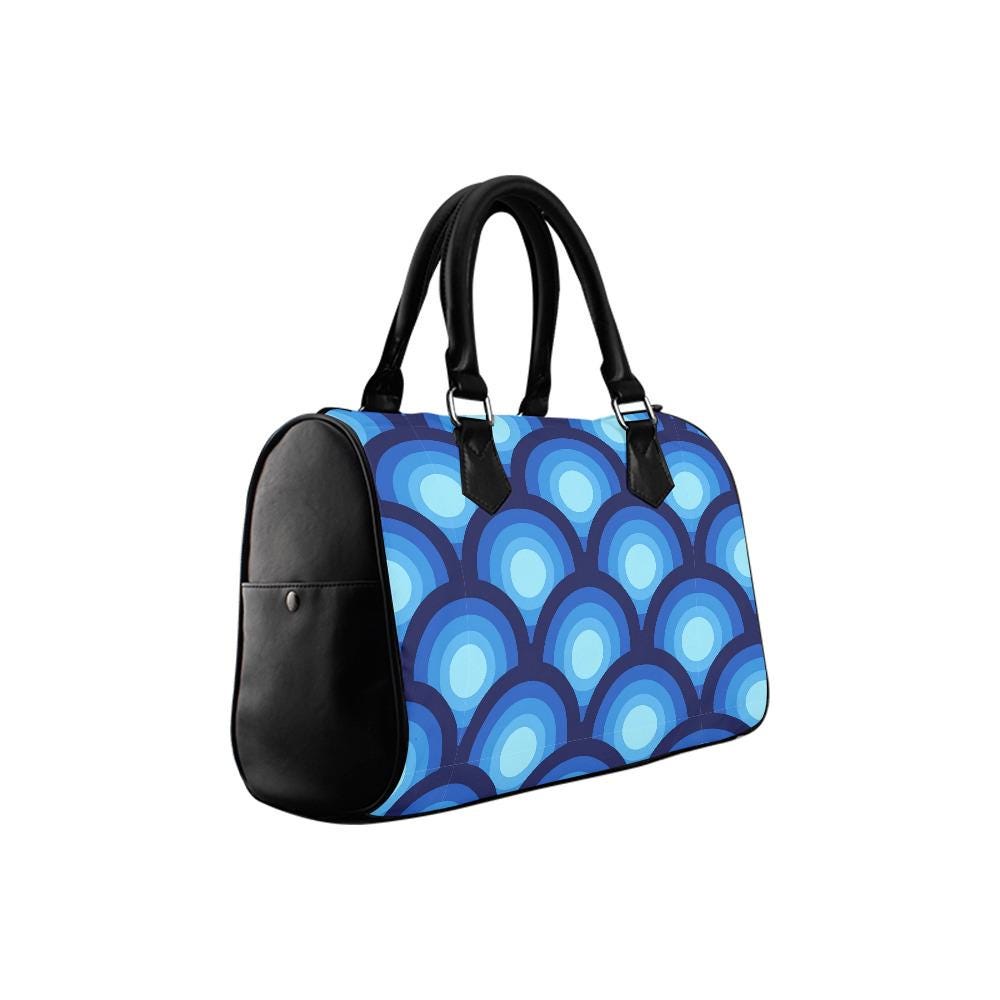 Retro 70s Peacock Eye Print Barrel Handbag – Blue Black Everyday Top Handle Purse