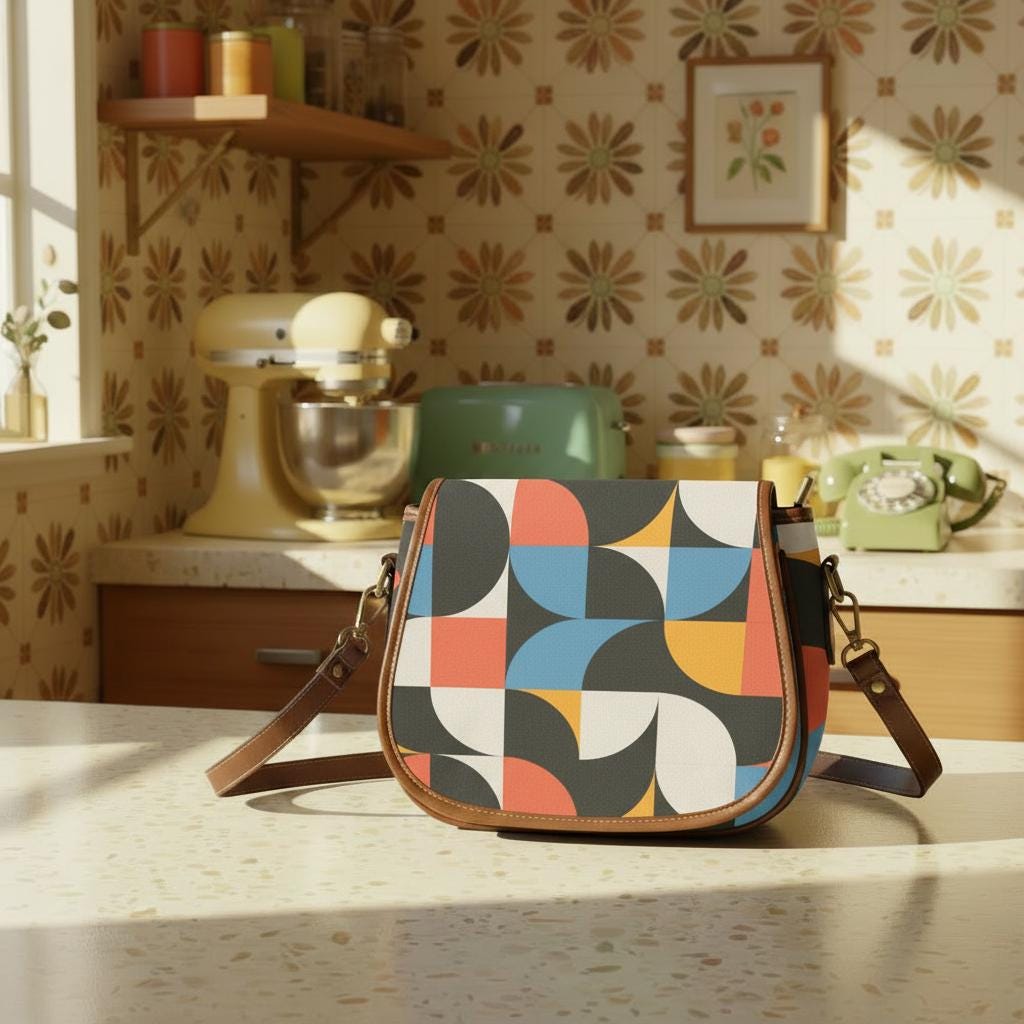 Retro 60s Bauhaus Inspired Saddle Bag - Midcentury Style Crossbody Handbag