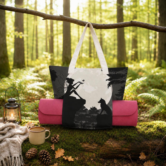 Fairy Forest Wolf Yoga Tote Bag with Mat Holder – Black White Silhouette Fairycore