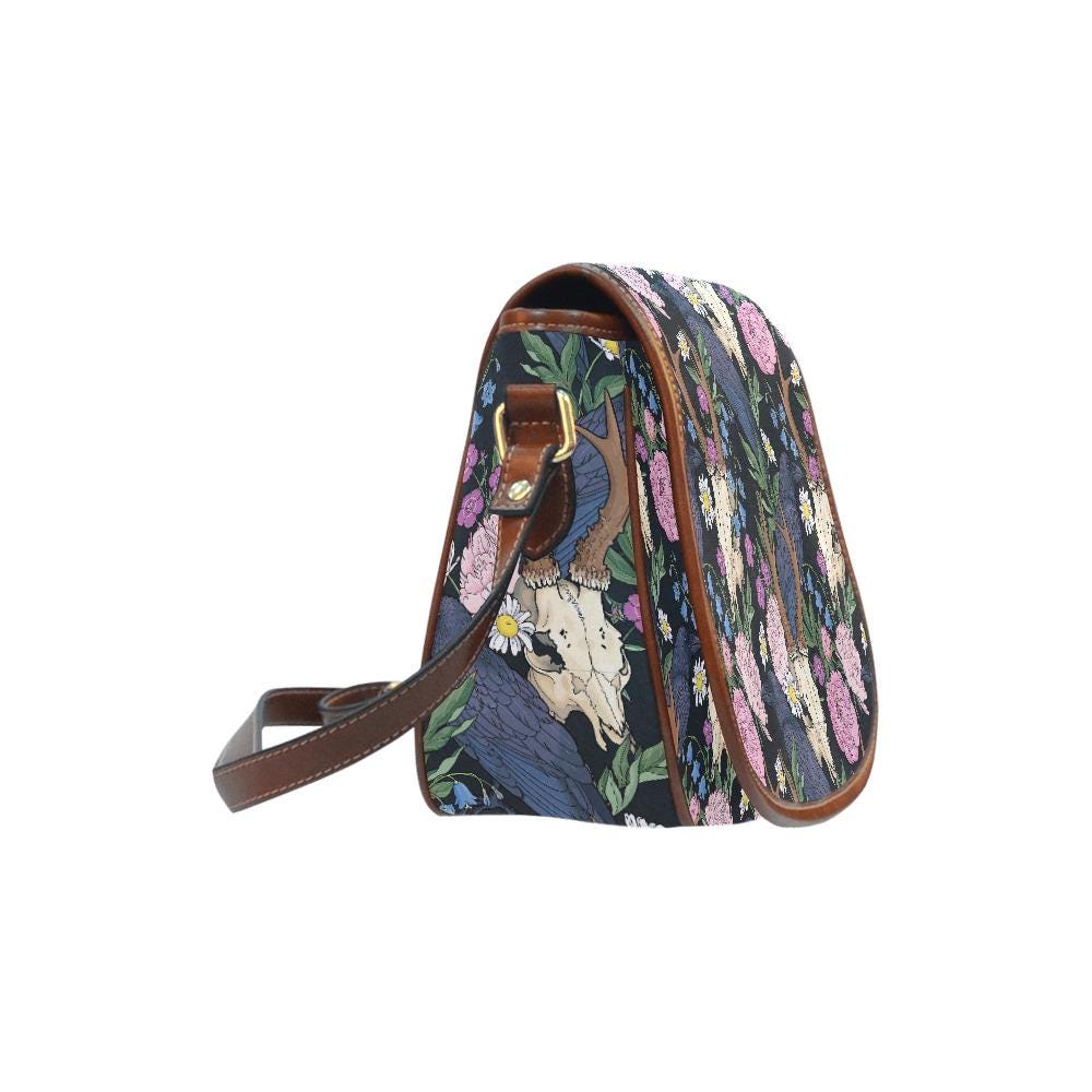 Dark Academia Black Raven Saddle Bag – Large Crossbody Oxford Fabric Vegan Handbag
