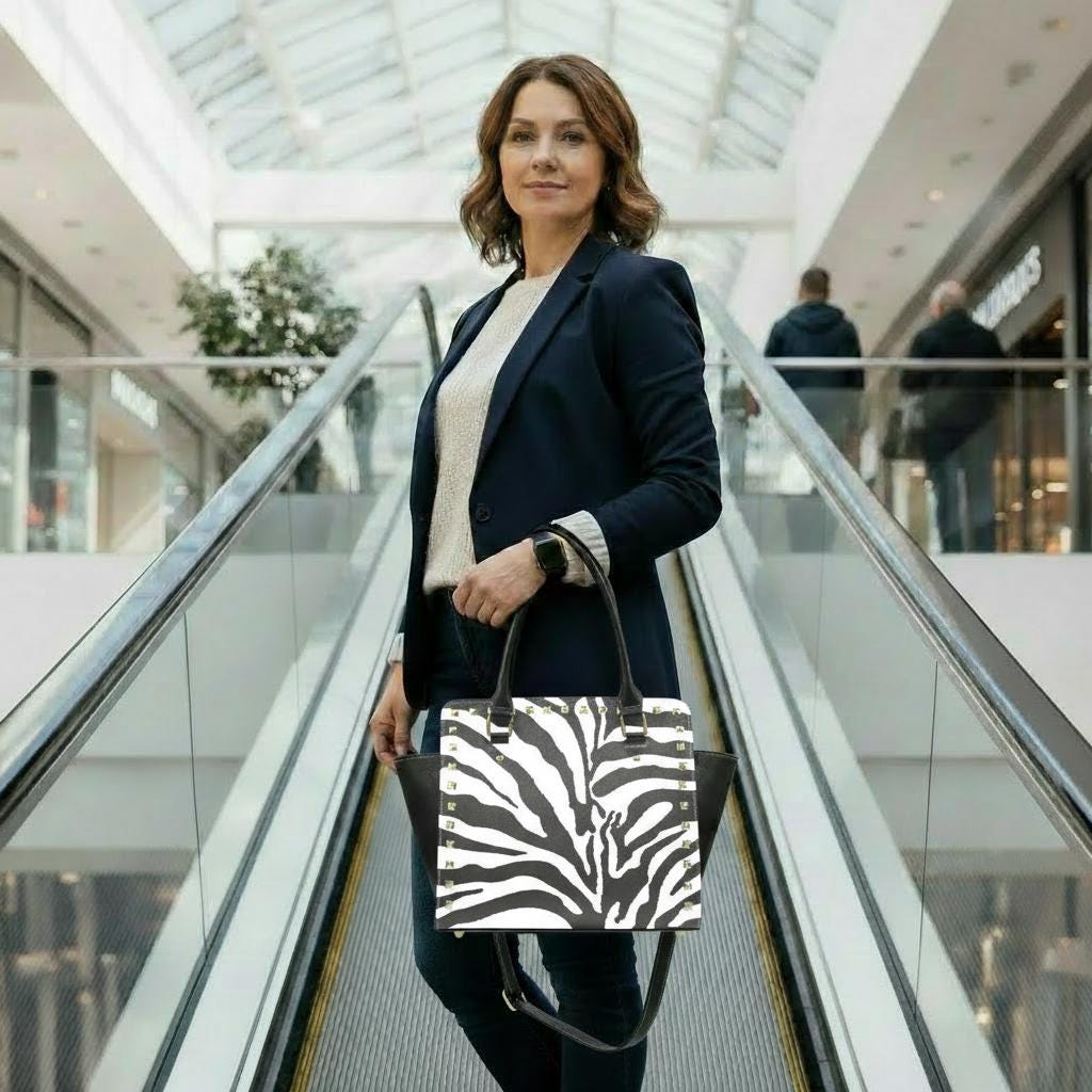 Zebra Print Rivet Shoulder Handbag – Black White Faux Leather Purse