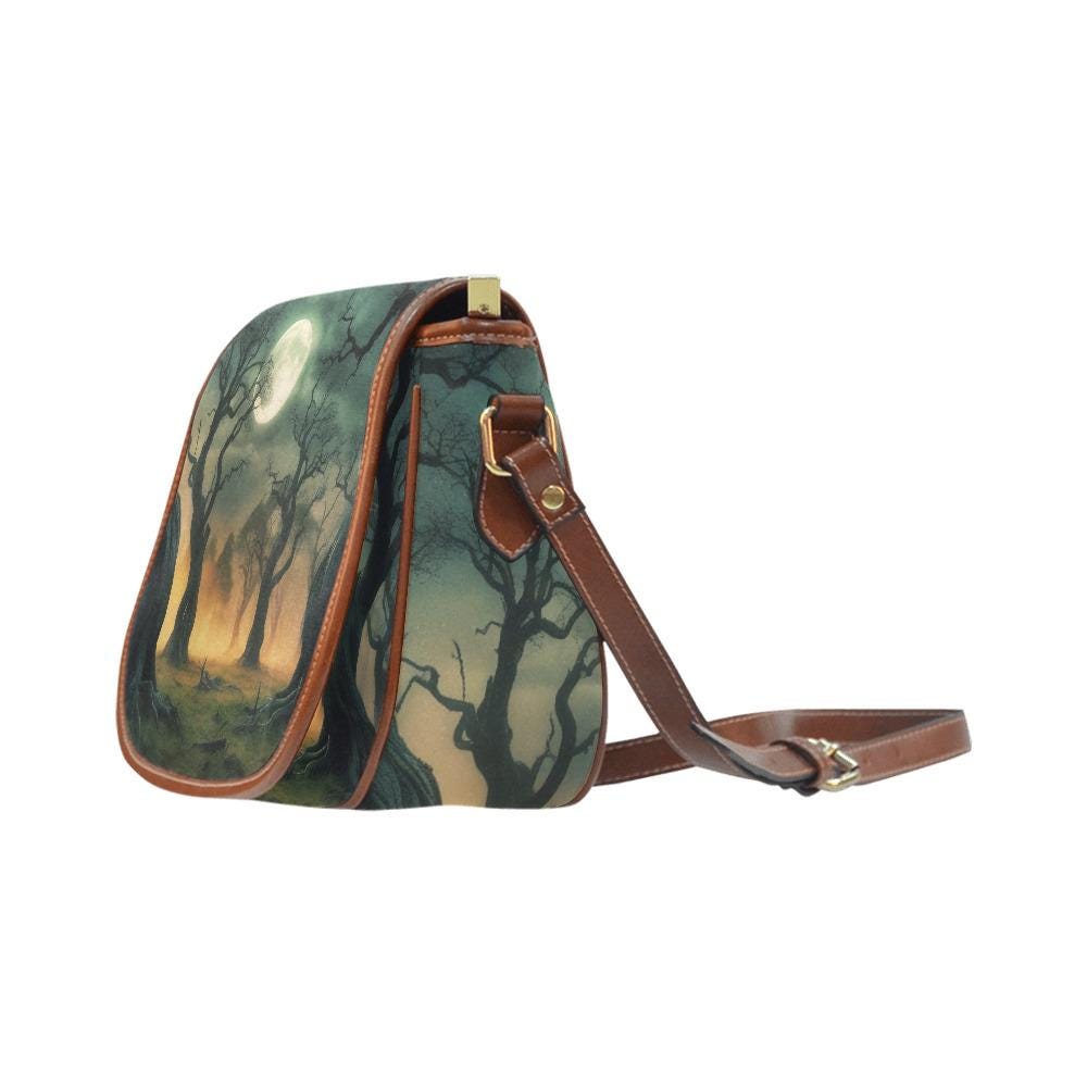 Foggy Trees at Night Dark Academia Saddle Bag - Moody Gothic Crossbody Handbag