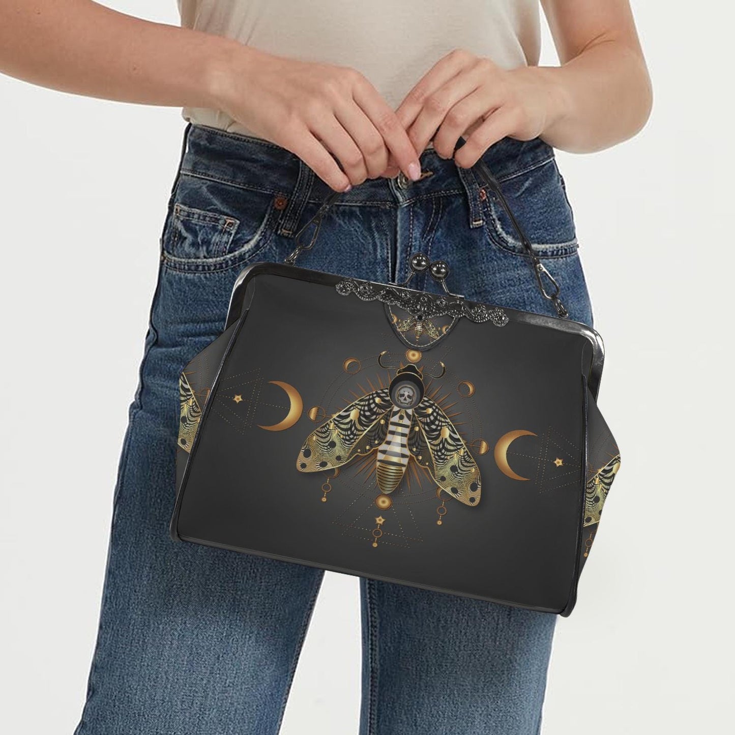Dark Academia Moth Skull Moon Kisslock Crossbody Bag – Gothic Handbag Adjustable Strap