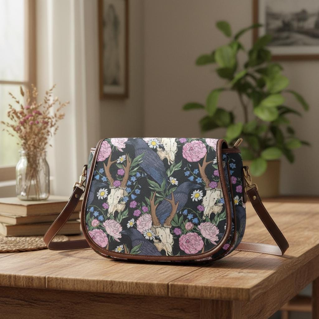 Dark Academia Black Raven Saddle Bag – Large Crossbody Oxford Fabric Vegan Handbag