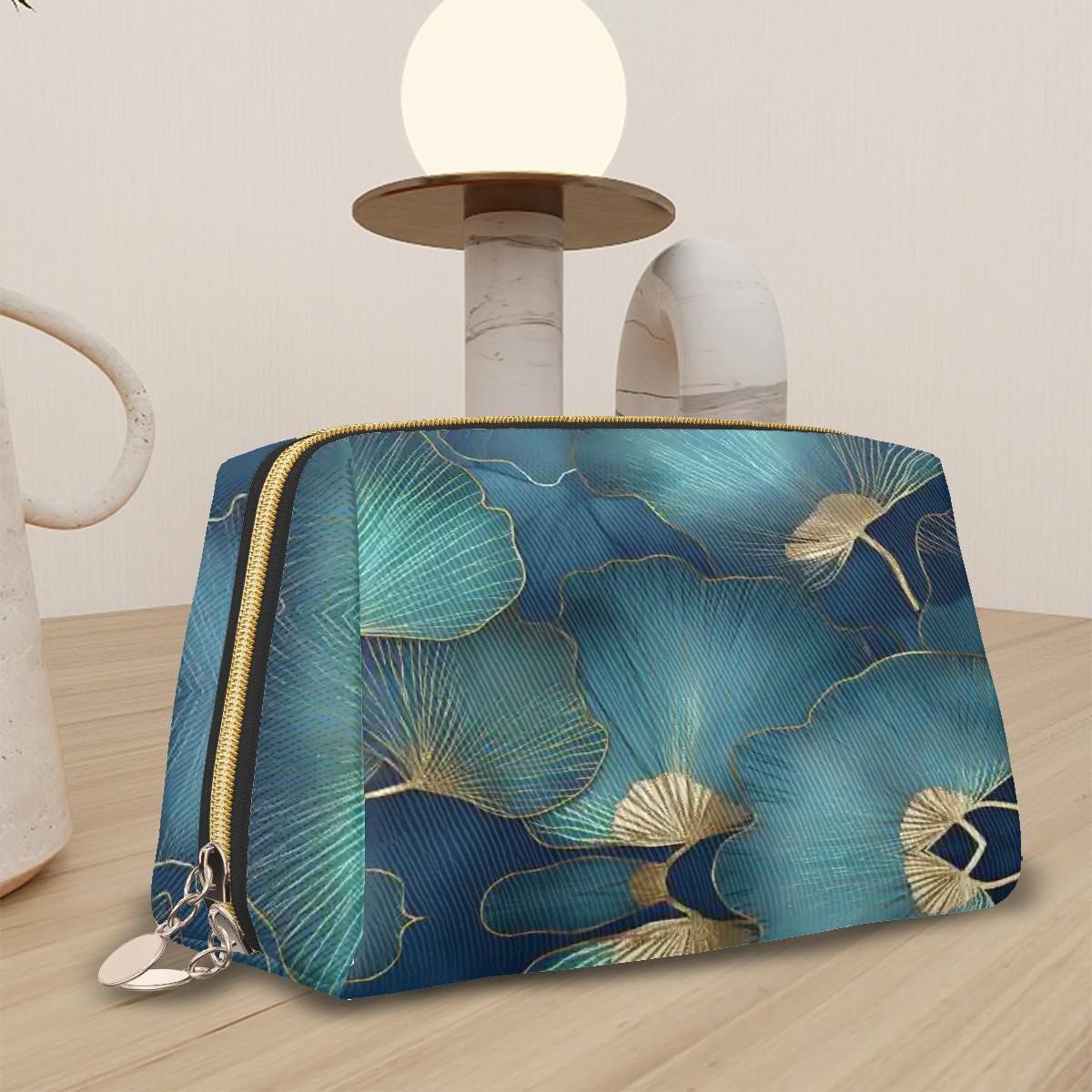 Blue Gold Ginkgo Leaf Makeup Bag – Botanical Faux Leather Travel Cosmetics Case
