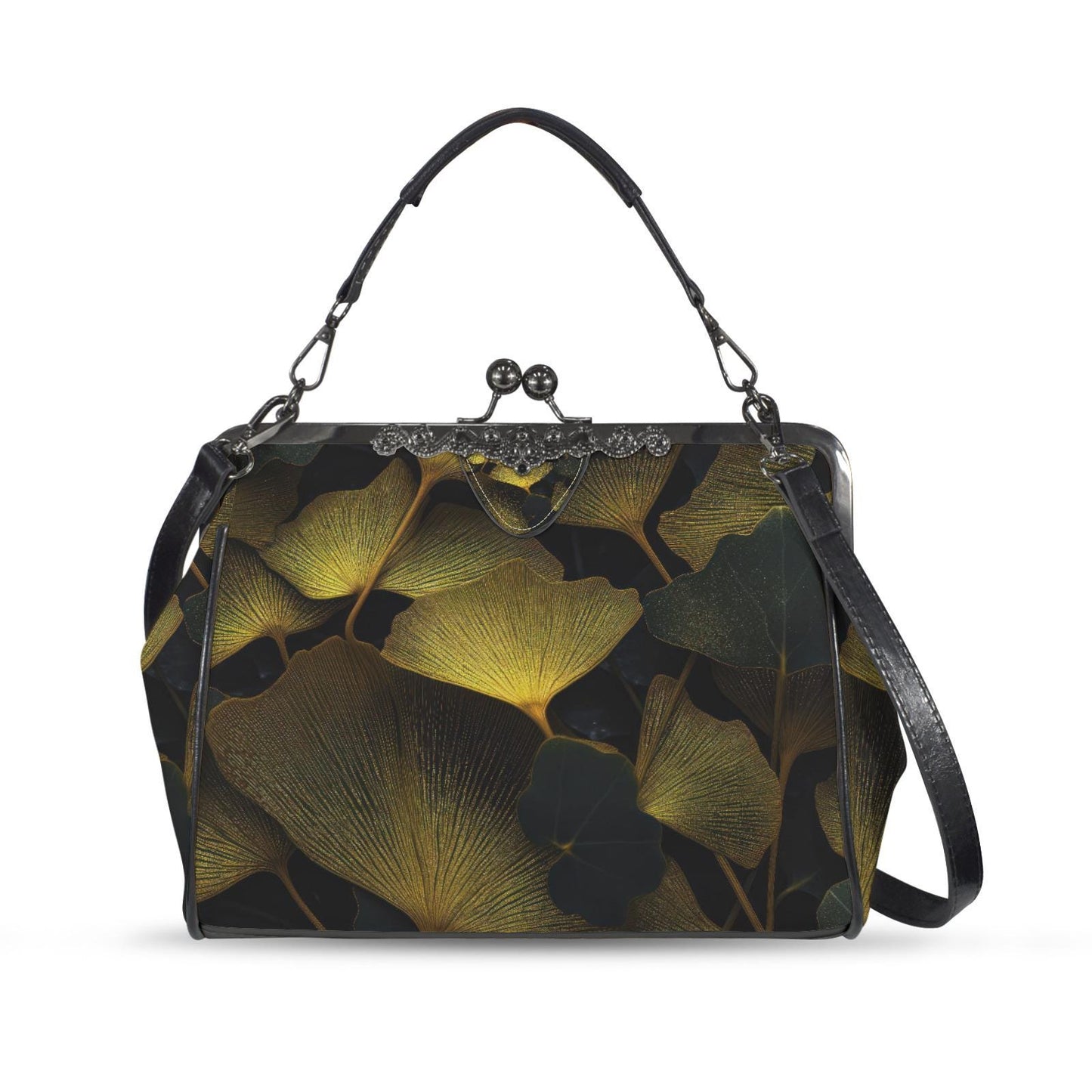 Black Gold Ginkgo Leaves Kisslock Handbag - Botanical Crossbody Shoulder Bag