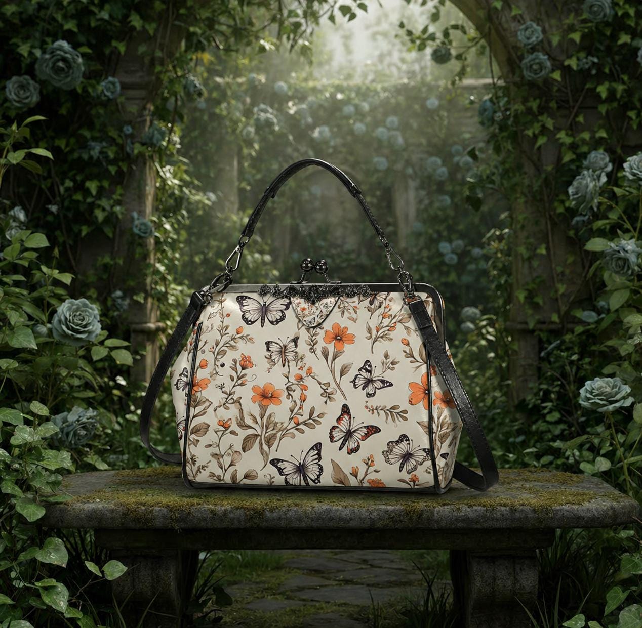Toile de Jouy Kisslock Crossbody Shoulder Bag - Vintage Millefiori Floral Handbag