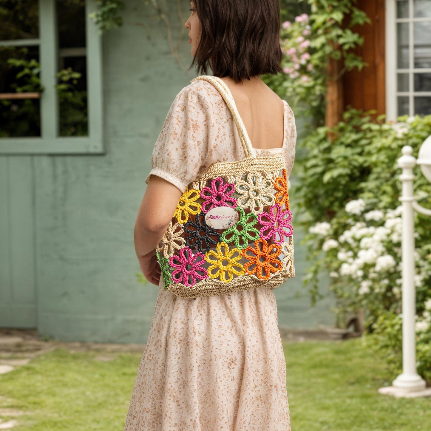 Colorful Crochet Flower Straw Bag – Boho 70s Retro Beach Summer Tote