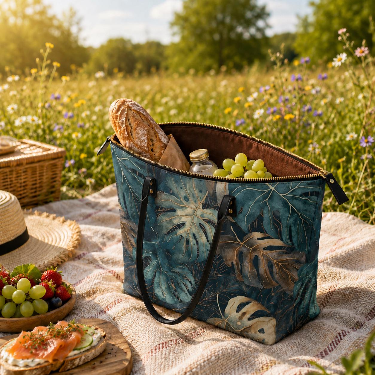 Roomy Tote Bag with Retro Monstera Leaves - Large Shoulder Handbag Shopper