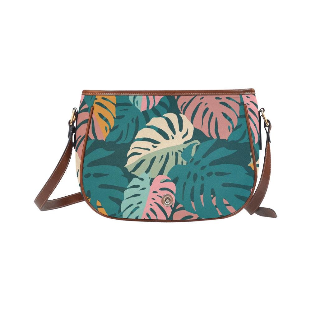 Retro 60s Monstera Pattern Saddle Bag - Midcentury Botanical Crossbody Handbag