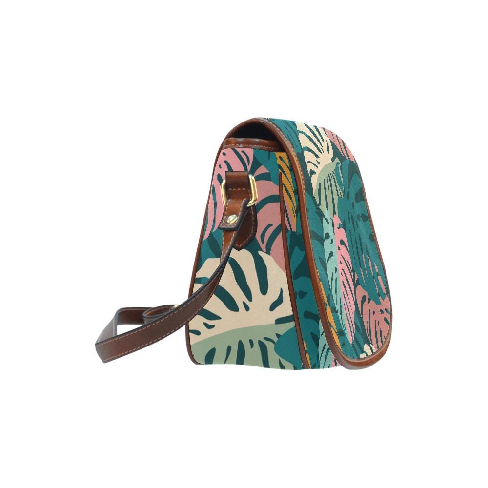 Retro 60s Monstera Pattern Saddle Bag - Midcentury Botanical Crossbody Handbag
