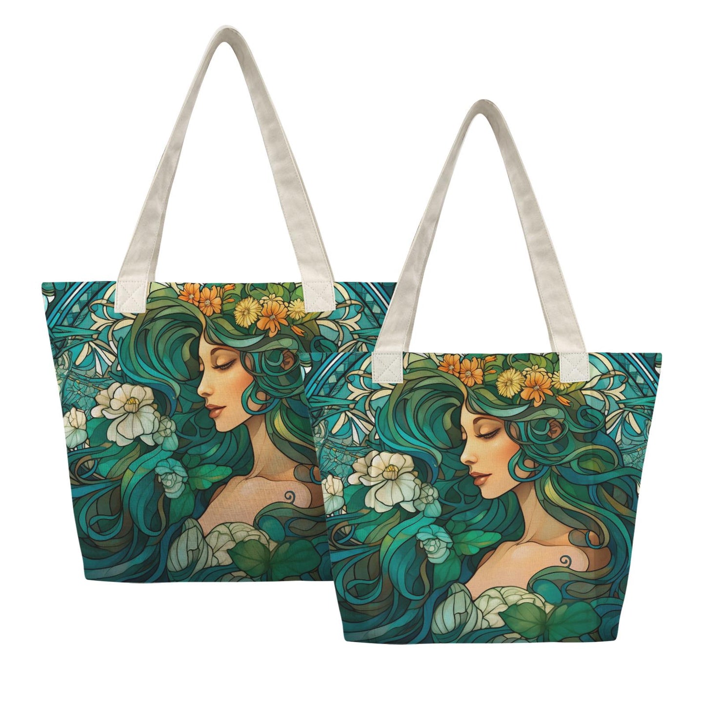 Art Nouveau Yoga Tote Bag with Mat Holder – Large Cotton Linen Fitness Shoulder Tote