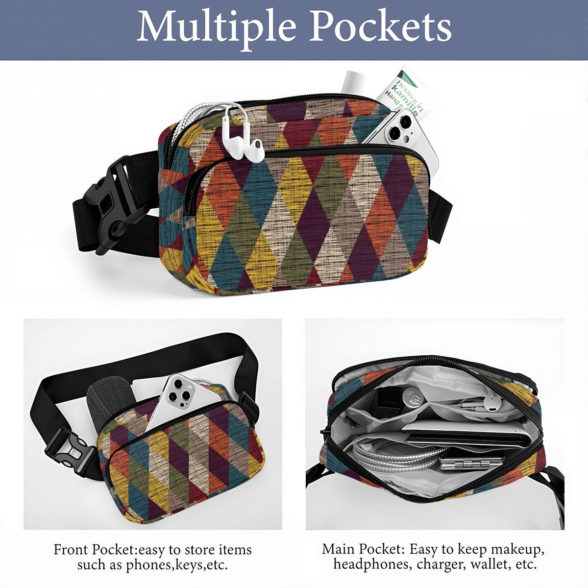 60s Retro Diamond Print Fanny Pack – Everyday Waist & Crossbody Bag