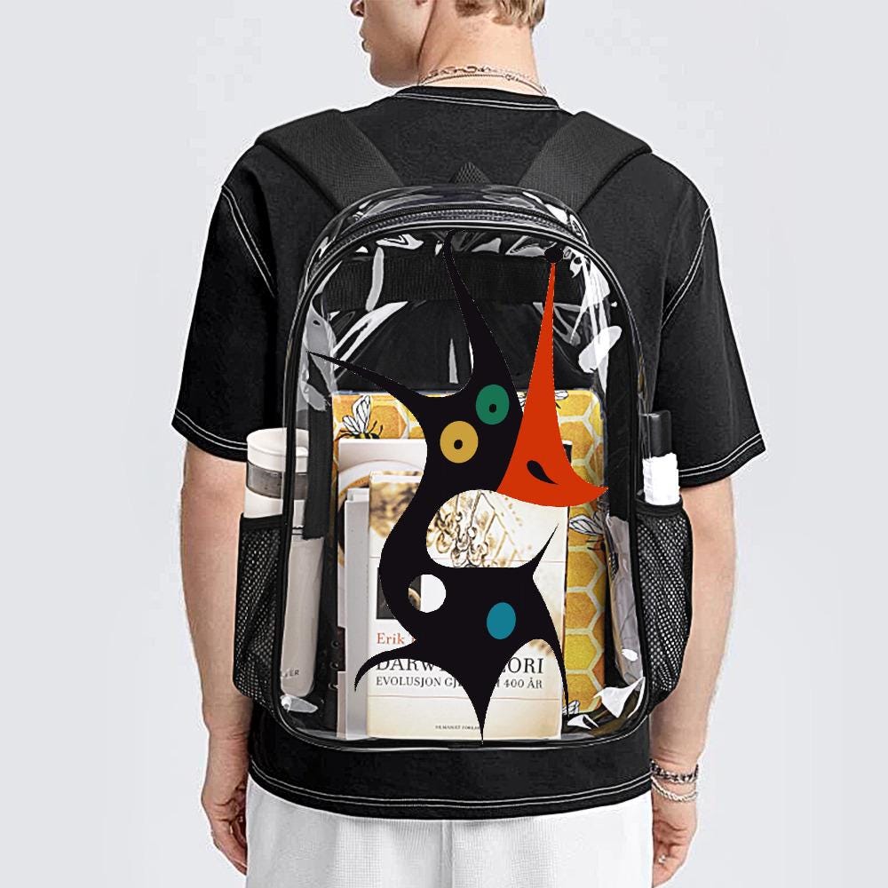 Clear PVC Backpack, Monster Print, School Travel Business Daypack with Side Pockets