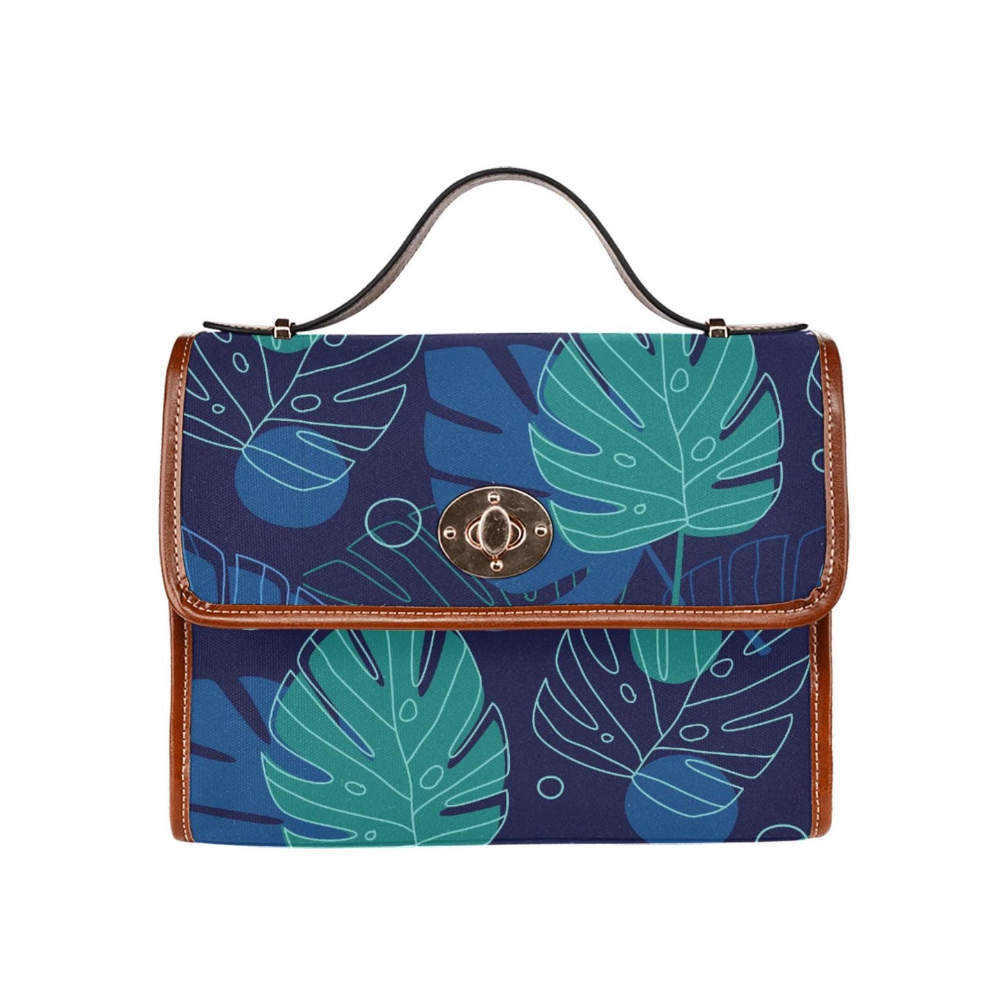 Retro Monstera Botanical Canvas Crossbody Bag – Blue Brown Vintage Style