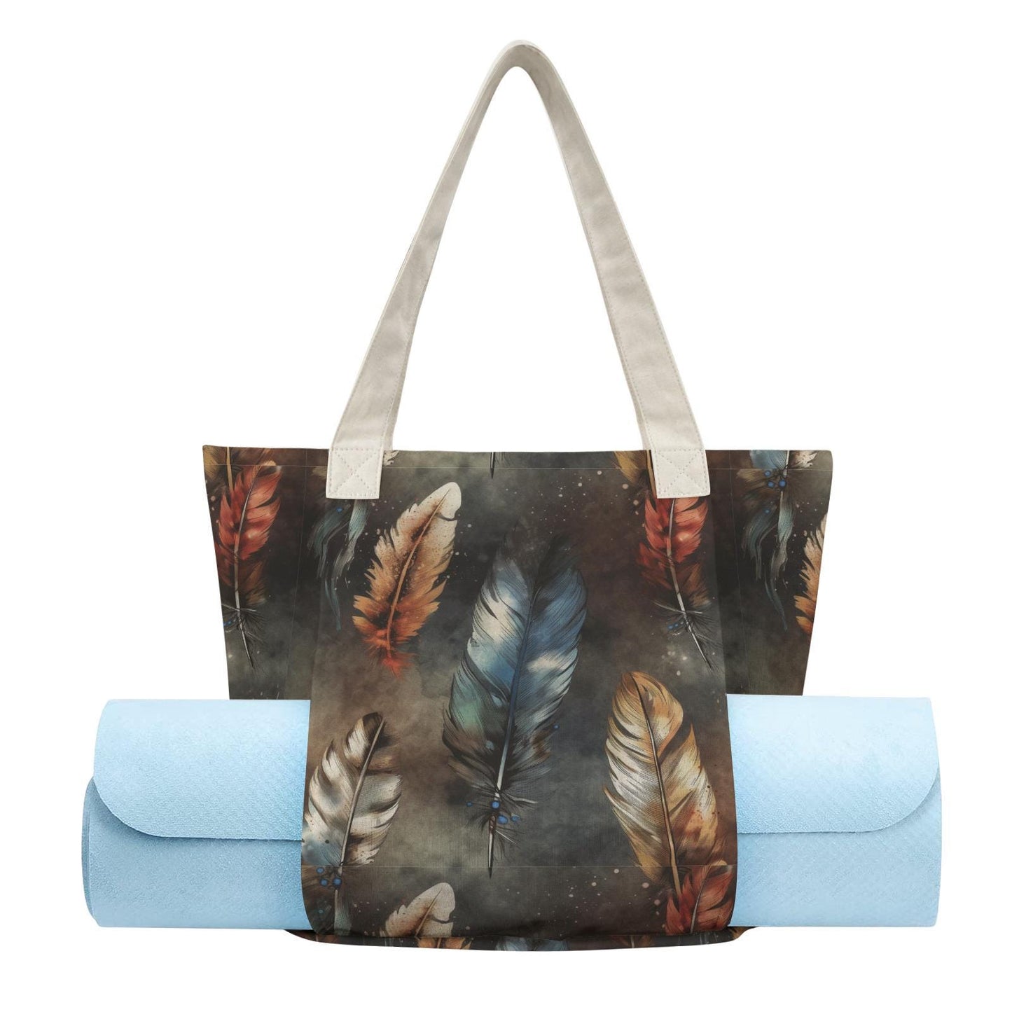 Boho Feathers Yoga Tote Bag with Mat Holder – Dark Academia Forest Tote