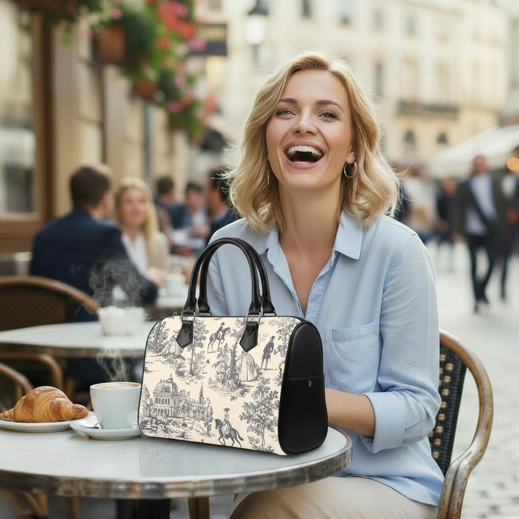 Toile de Jouy Black White Barrel Handbag – French Vintage Everyday Purse