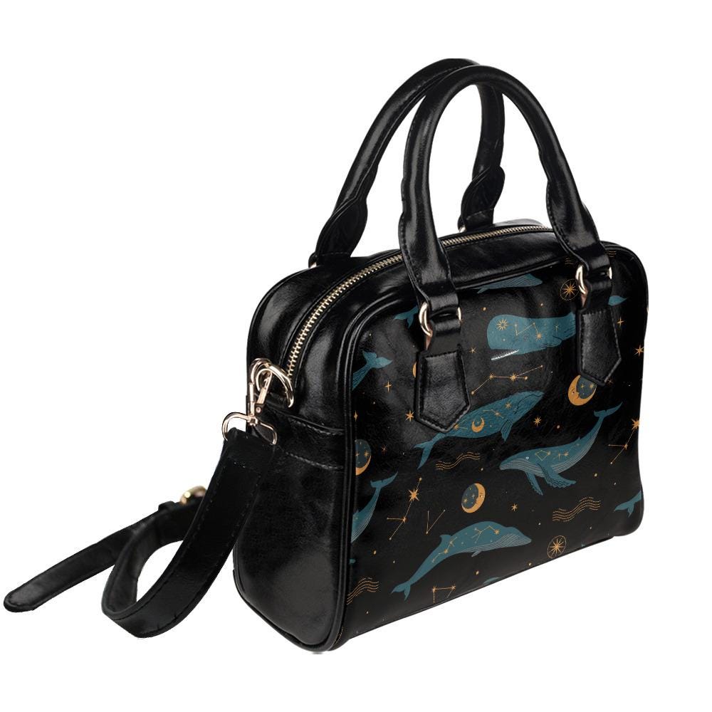 Whimsical Whale Moon Shoulder Handbag – Black Blue Fairycore Vegan Top Handle Bag