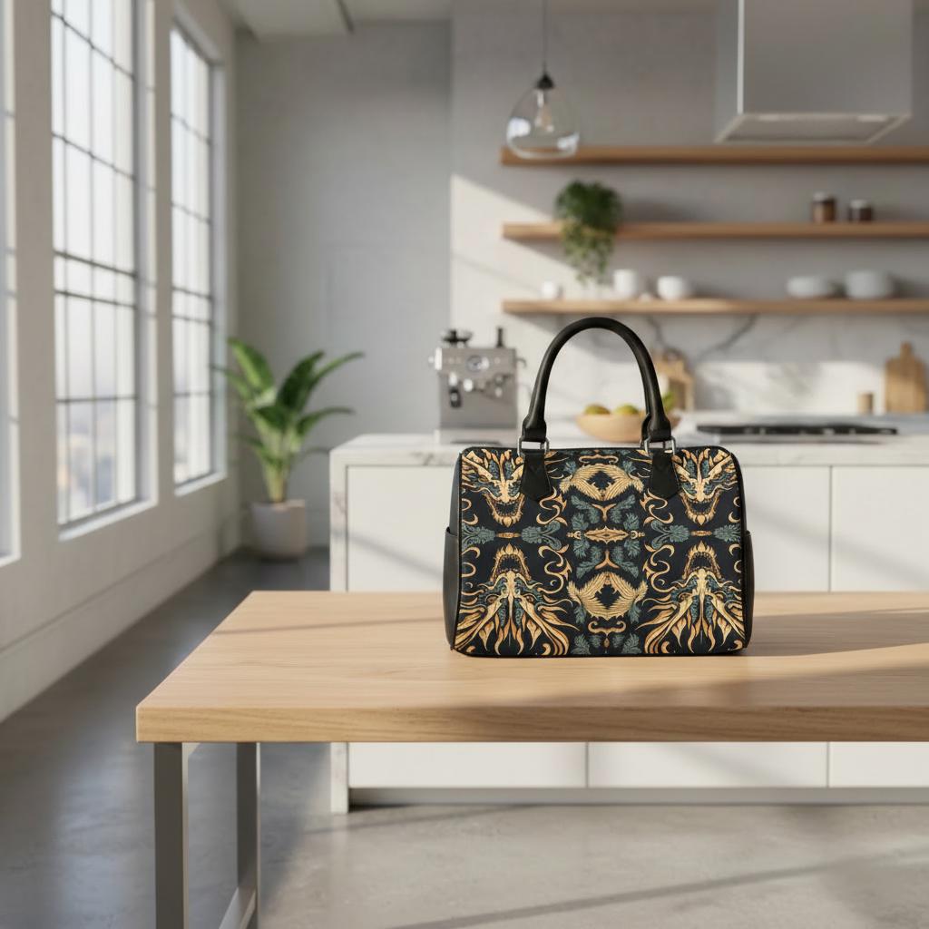 Asian Dragon Print Barrel Handbag – Black Gold Everyday Bag