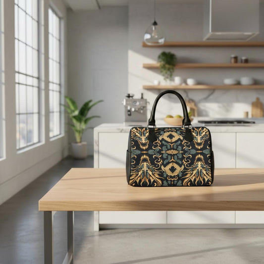 Asian Dragon Print Barrel Handbag – Black Gold Everyday Bag