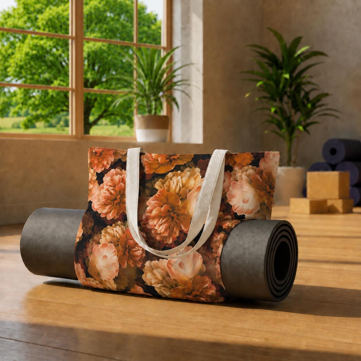 Orange Peonies Yoga Tote Bag with Mat Holder – Large Floral Cotton Linen Tote