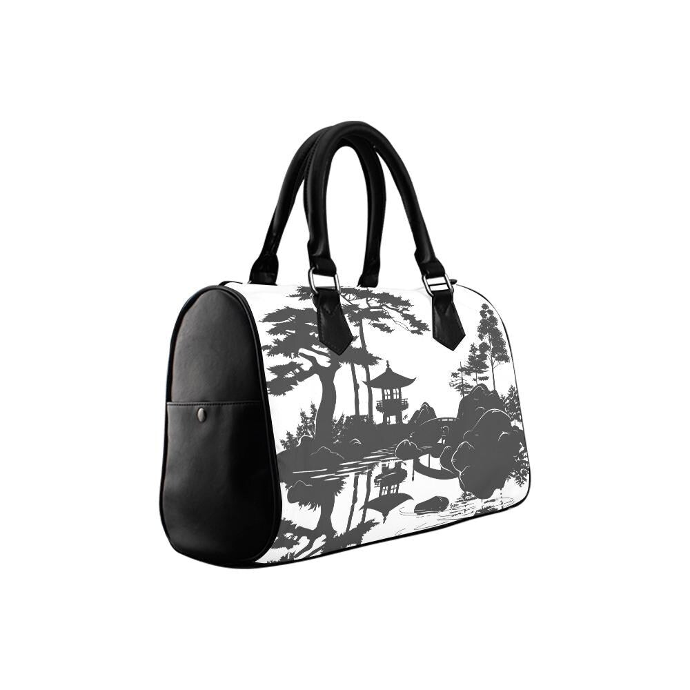Asian Ink Pagoda Barrel Handbag – Black White Zen Art Wabisabi Purse