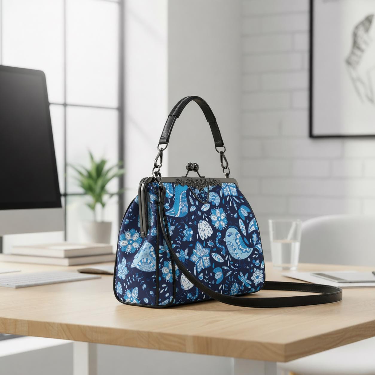 Blue Birds Flowers Folkloric Kisslock Crossbody Bag – Vintage Handbag with Adjustable Strap