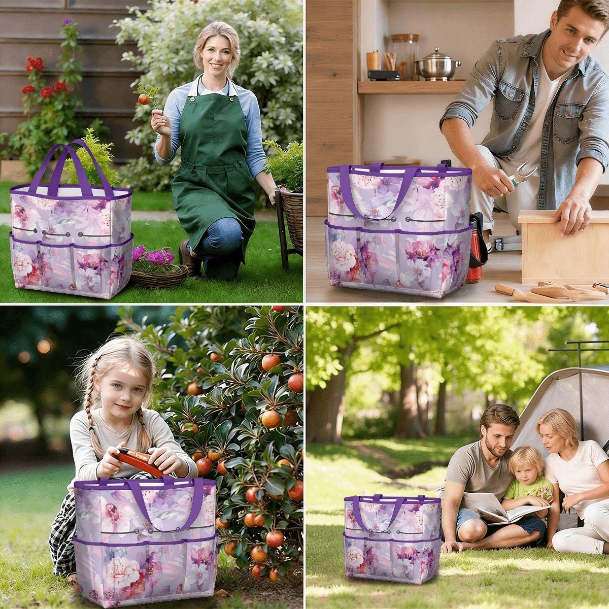 Lilac Flowers XL Gardening Tool Organizer Bag – Durable Garden Gift Tote with Pockets
