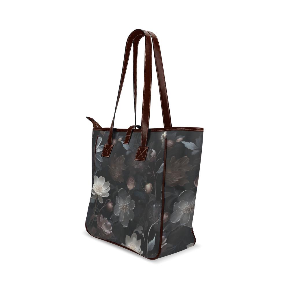 Dark Academia Bold Floral Style Handbag – Black Gray Classic Large Tote Bag