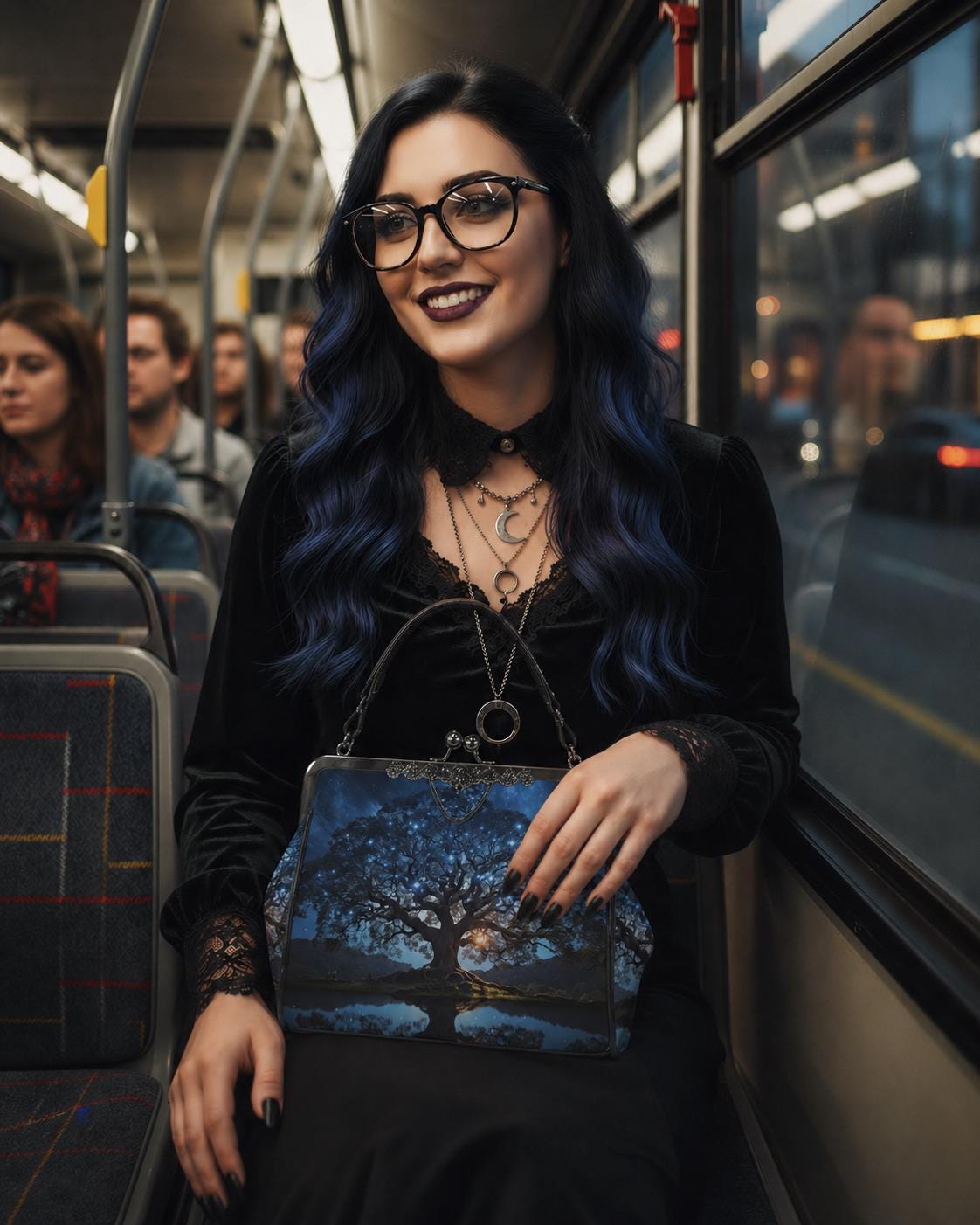 Bold Tree at Night Kisslock Crossbody Shoulder Bag - Blue Black Dark Academia Handbag
