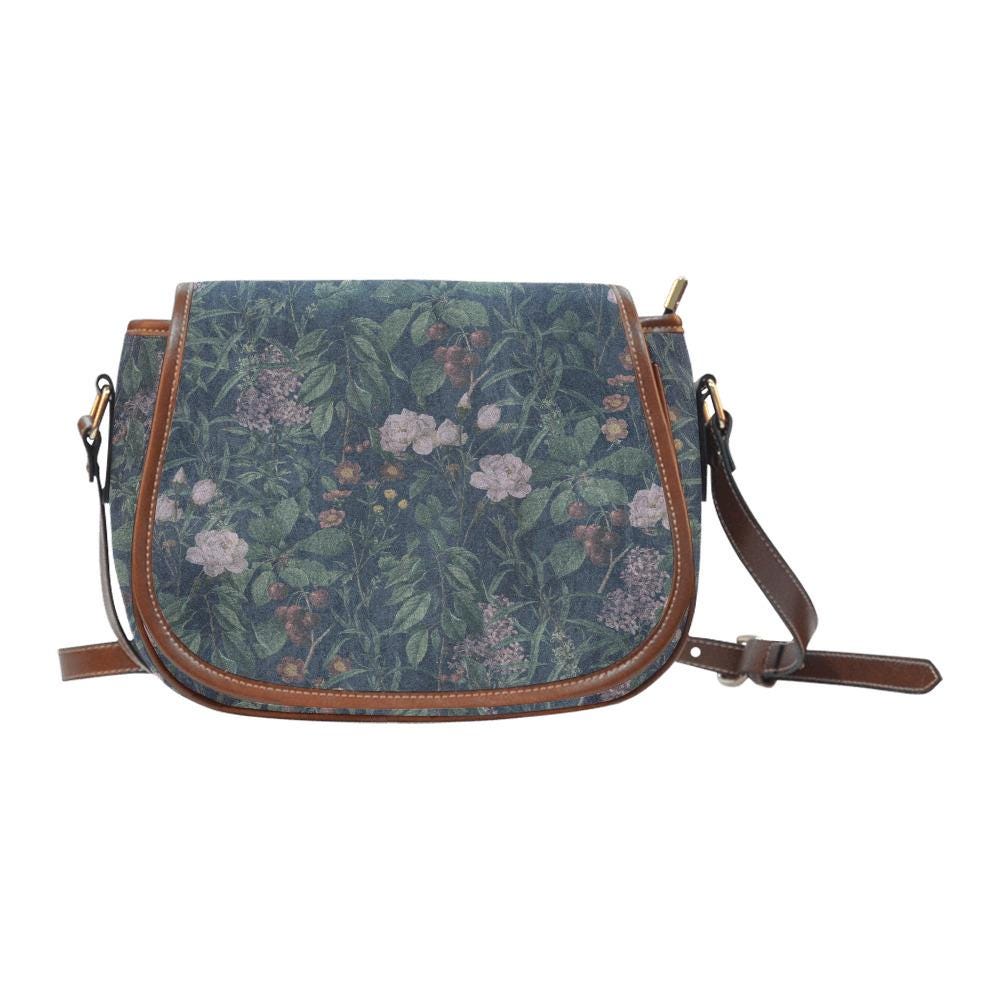 Dark Academia Flowers Crossbody Saddle Bag – Alternative Gothic Floral Vegan Handbag