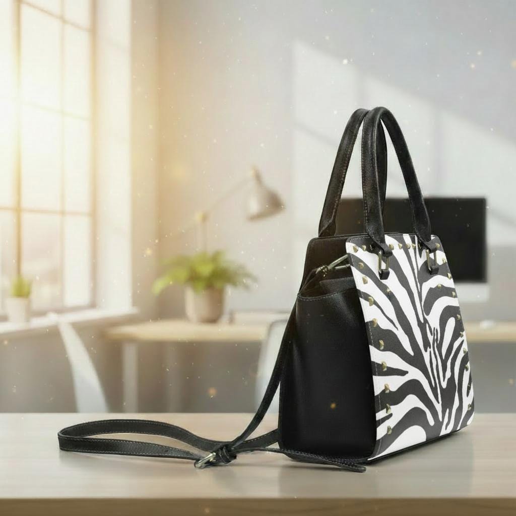Zebra Print Rivet Shoulder Handbag – Black White Faux Leather Purse