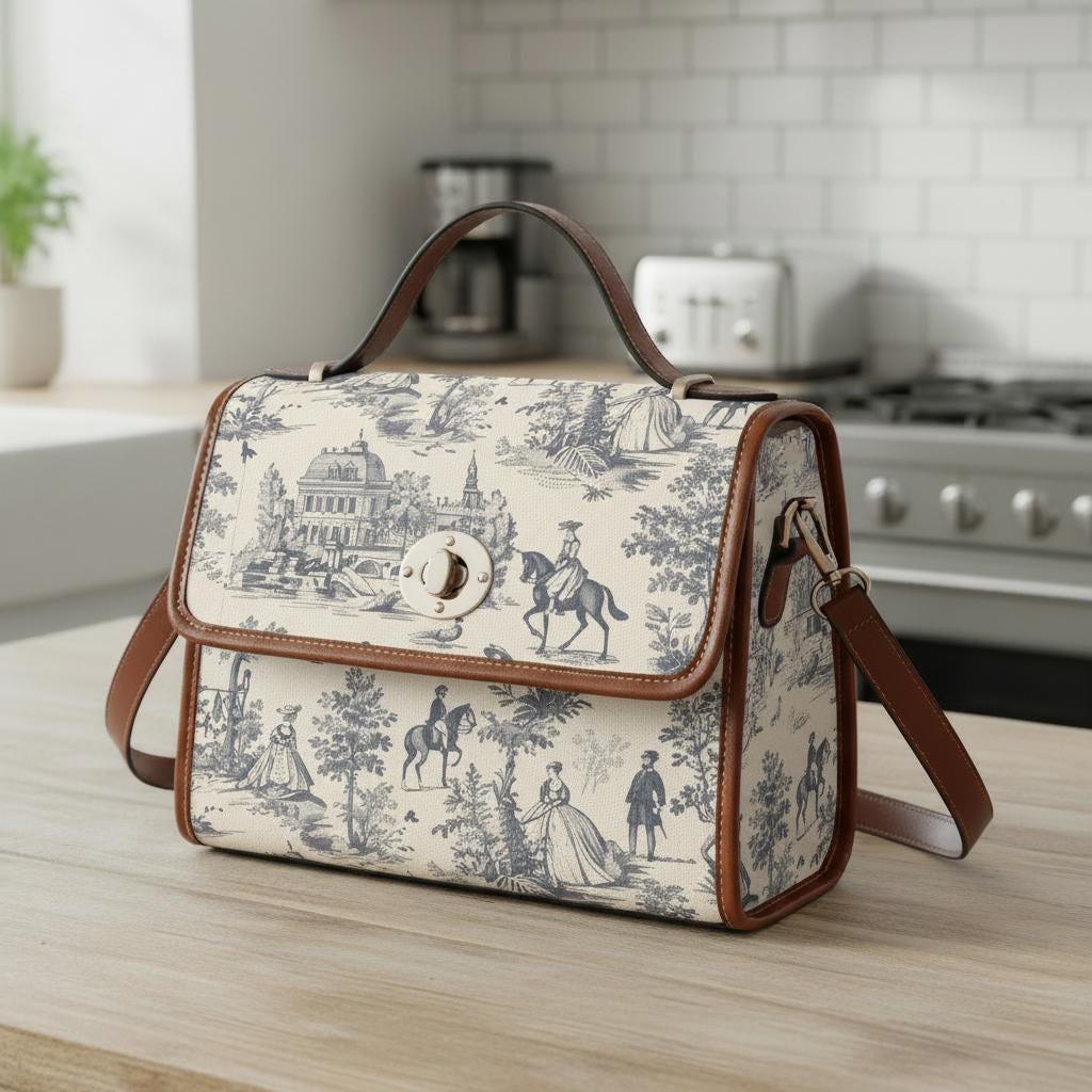 Toile de Jouy Canvas Crossbody Bag – Vintage Eggshell Black Handbag Waterproof