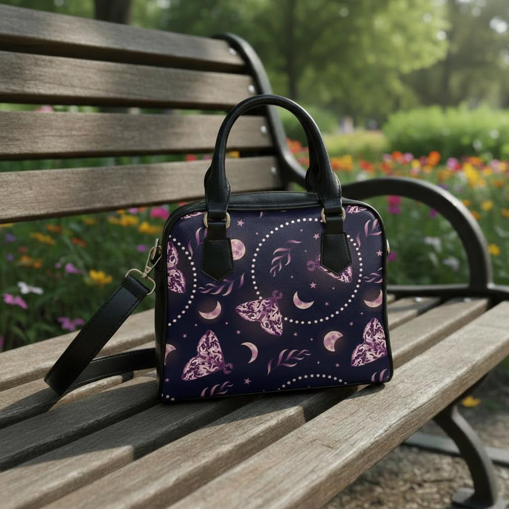 Dark Academia Moths & Moon Shoulder Handbag – Gothic Vegan Leather Handbag