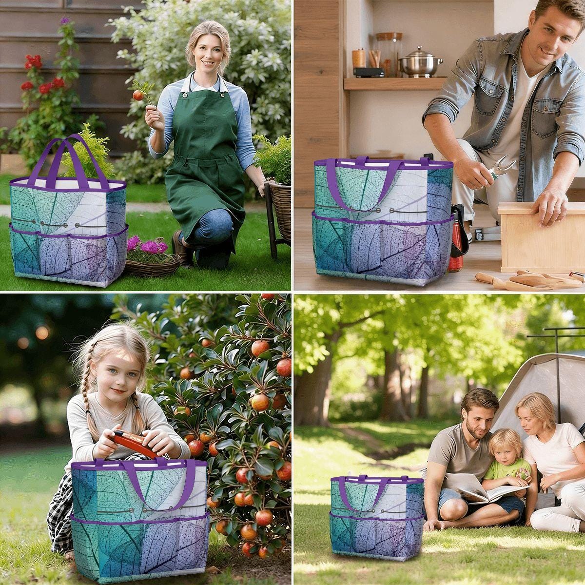 Translucent Leaves Gardening Tool Organizer Bag – Blue to Purple Gradient Tote