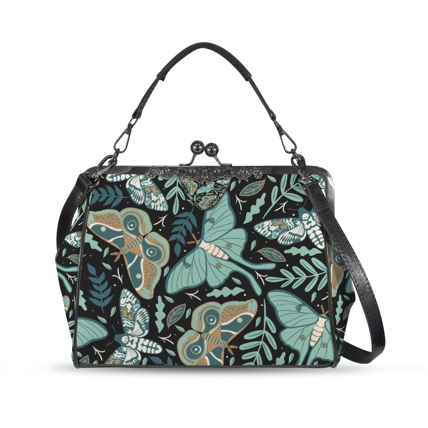 Moths and Moon Vintage Kisslock Crossbody Handbag – Dark Academia Adjustable Strap