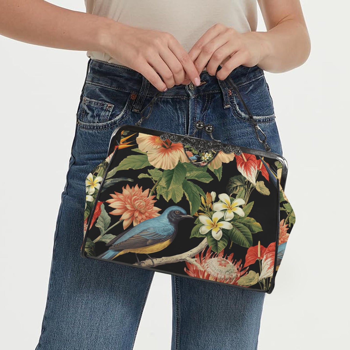 Bold Exotic Flowers & Bird Kisslock Crossbody Shoulder Bag - Dark Academia Handbag