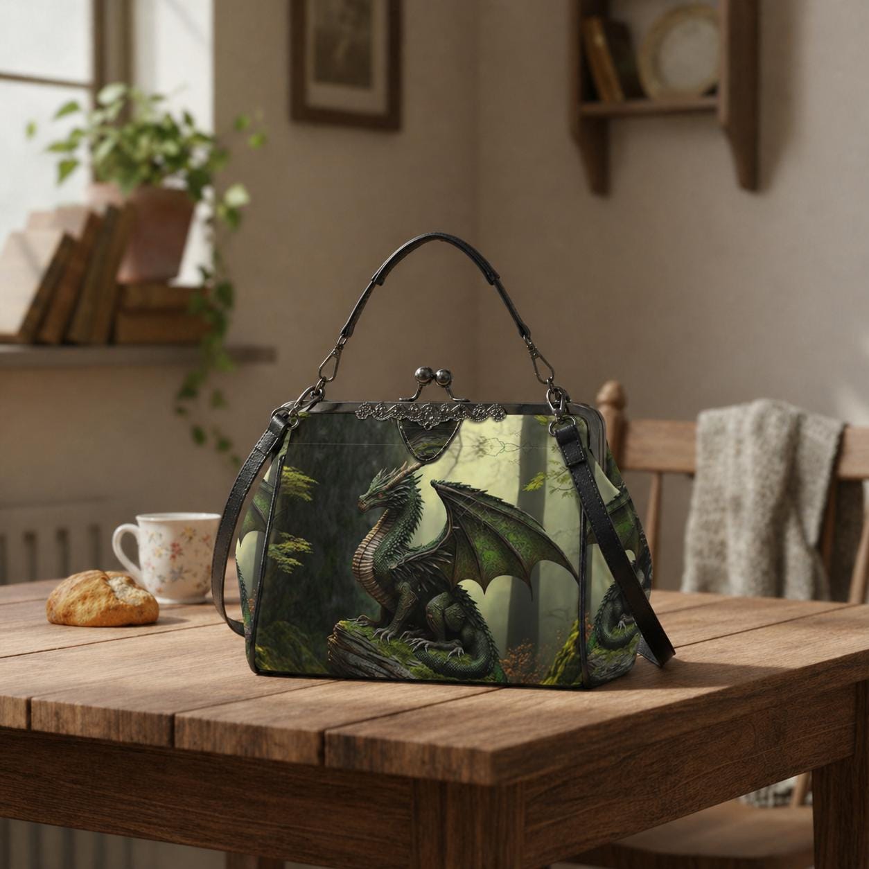 Dragon Fantasy Kisslock Crossbody Shoulder Bag - Dark Academia Gothic Handbag