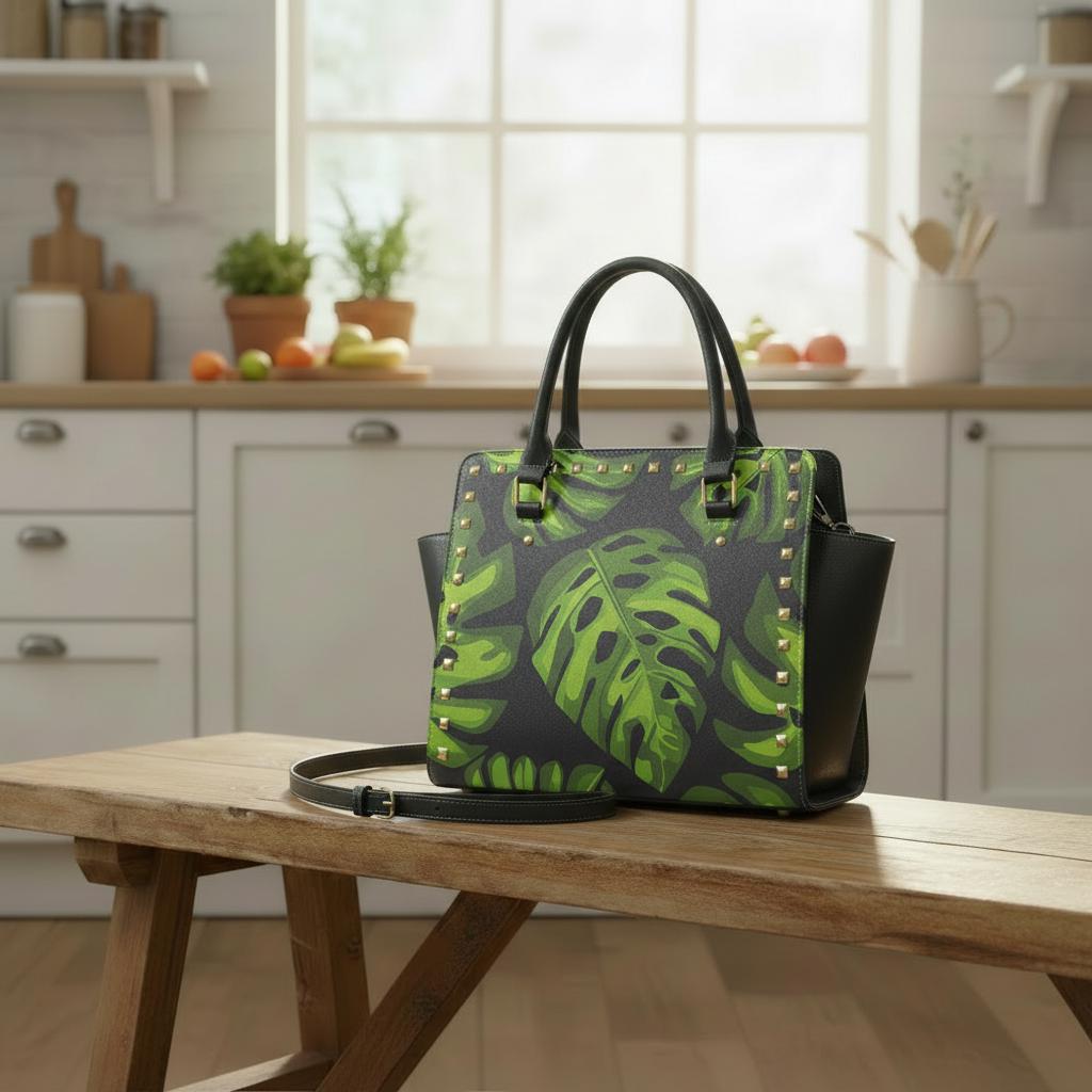 Retro 70s Monstera Rivet Shoulder Handbag – Vintage Midcentury Print Purse